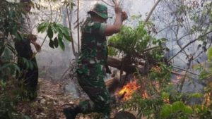 Babinsa Koramil 02/Tanah Tumbuh, Berjibaku Padamkan Api