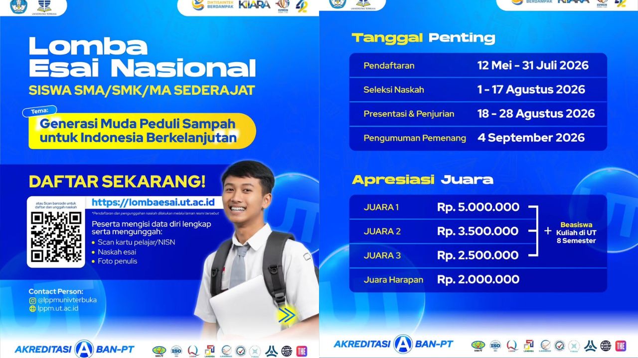 Lomba Esai Nasional UT 2026 Dibuka, Siswa SMA/SMK Berpeluang Raih Beasiswa 8 Semester